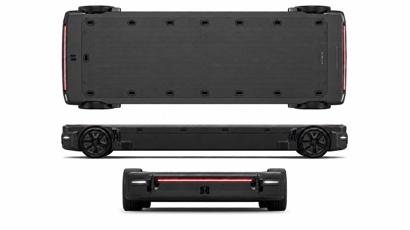 A top, side and front view of the Freight AV chassis.