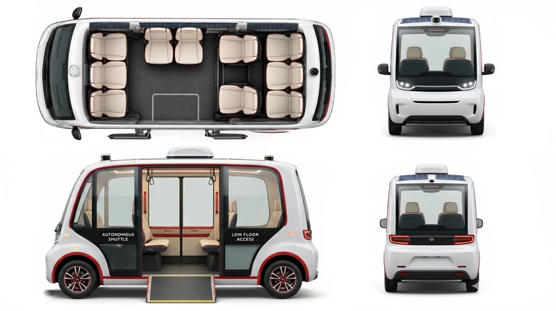 A top, side and front/rear view of the Passenger AV.
