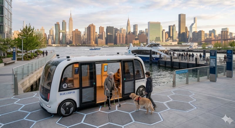 Featured concept rendering of the Roosevelt Island Ferry dock as a Blue Loop pod hub, showing level boarding, induction paving, ferry transfer, and elderly-accessible autonomous transit.