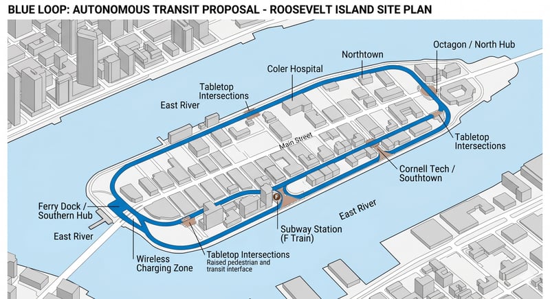 Site plan showing the Blue Loop route around Roosevelt Island, including the Ferry Dock southern hub, subway station, Cornell Tech/Southtown, Coler Hospital, Northtown, Octagon north hub, charging zone, and tabletop intersections.
