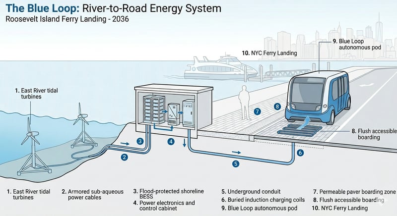 Energy-system diagram showing how East Channel tidal turbines, shoreline battery storage, and buried induction coils power the Blue Loop pods at the Ferry Landing.