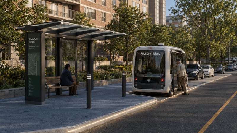 Street-level view of an Access Loop boarding node at Rivercross: flush platform, weather shelter, and blue-tinted permeable pavement marking the loading zone
