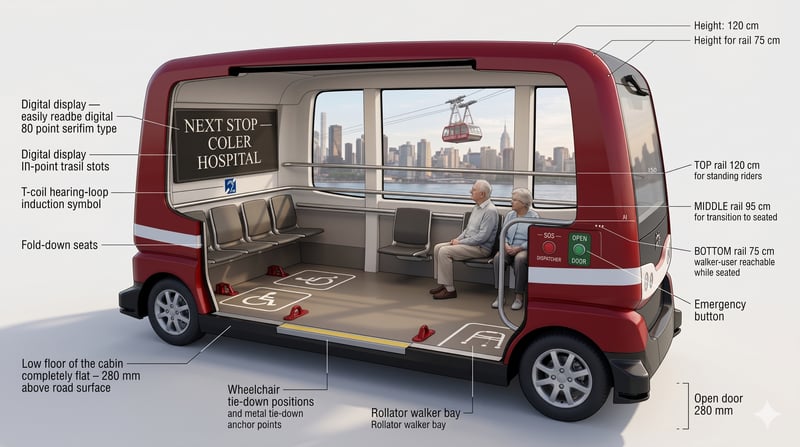 Pod cabin cutaway — flush 280 mm floor, two wheelchair positions, walker bay, three grab rails at 120 / 95 / 75 cm, large-print stop display, no touchscreen
