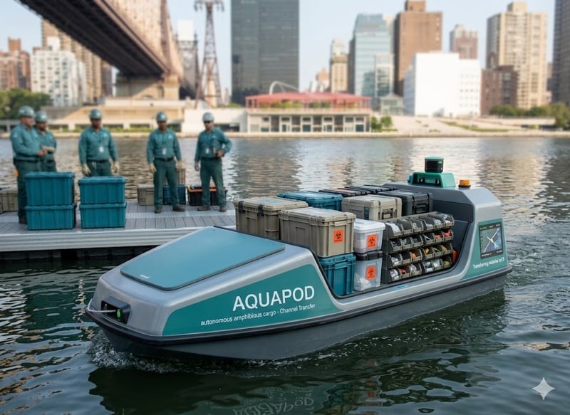 Close-up low-angle view of a fully loaded autonomous cargo pod transporting specialized materials across the water.