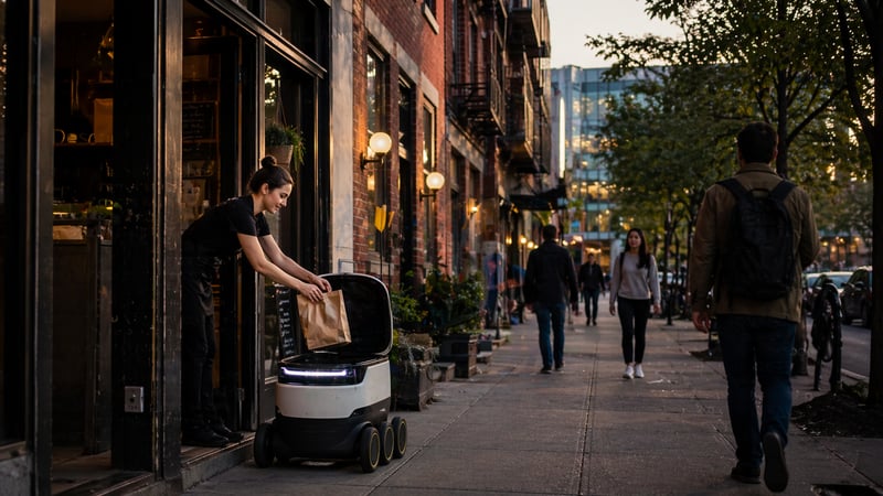 Autonomous delivery robot collecting a surplus food rescue pack from a Main Street vendor, with Cornell Tech campus visible in the background across the southern stretch of Roosevelt Island