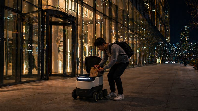 Student receiving a rescue pack delivery from an autonomous robot: discounted end-of-day meals from Main Street vendors delivered directly to campus