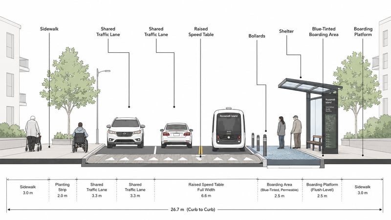 Cross-section diagram of Main Street at a boarding node, showing shared traffic lanes, raised speed table, blue-tinted boarding area, flush-level platform, and shelter — with zone widths labeled