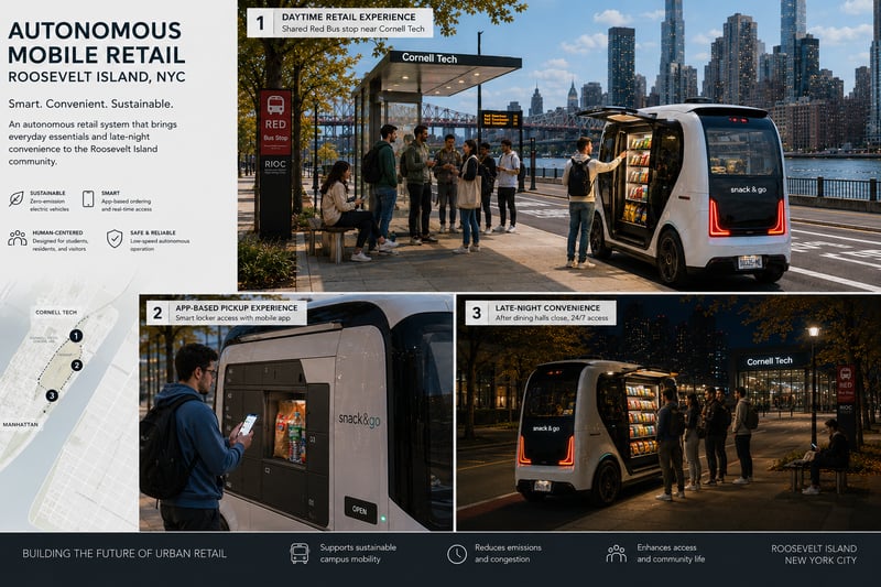 Autonomous retail vehicle operating near Cornell Tech and Roosevelt Island Red Bus stops.