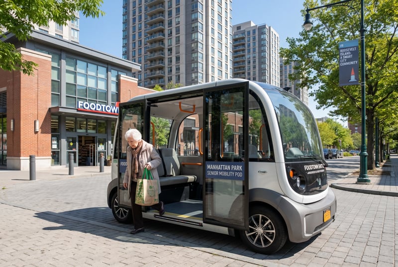 A senior Manhattan Park resident uses a low-speed autonomous mobility pod to travel independently to Foodtown.