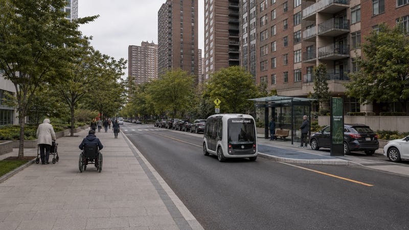 Street-level view of the Main Street corridor showing an autonomous shuttle pod in mixed traffic, elderly and wheelchair users on the sidewalk, and a boarding node shelter ahead