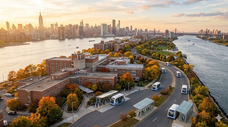 Aerial view of the Coler campus showing the proposed pod loop along West Road and the three boarding islands