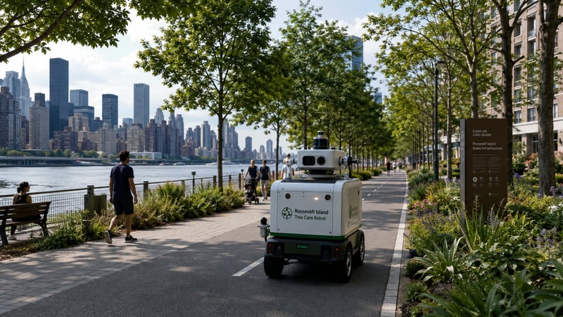 Autonomous tree care robot scanning trees and planting beds along a Roosevelt Island green corridor.
