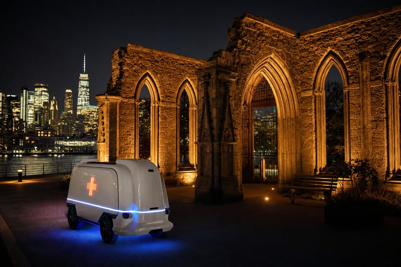 Night rendering: autonomous response pod staged at the illuminated Renwick ruins, awaiting dispatch