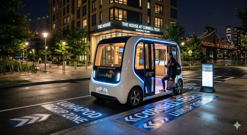 Autonomous LumaPod vehicle outside Cornell Tech at night with illuminated pickup zones