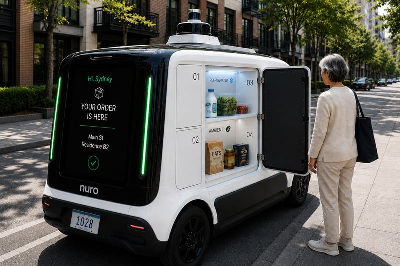 Resident waiting beside the autonomous grocery delivery vehicle to collect groceries from the assigned locker