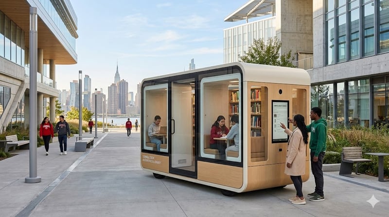 Hero view of the Roosevelt Island Mobile Library showing the MUJI-inspired glass and wood design.
