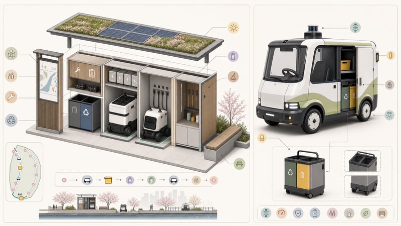 Design board combining the modular charging/storage kiosk with the matching service rover and cargo modules.