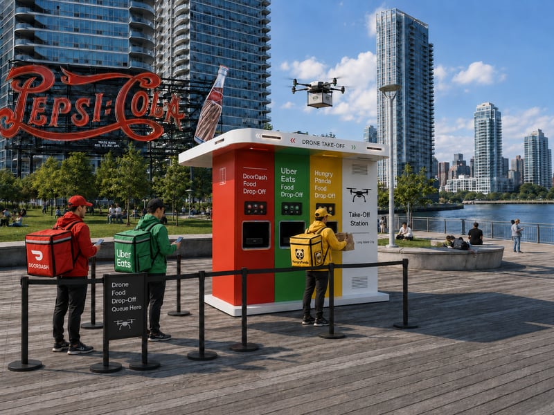 Featured view of the LIC take-off station at Pepsi-Cola Sign Park, where DoorDash, Uber Eats, and HungryPanda couriers queue to load sealed food orders into a color-coded drone dispatch kiosk.
