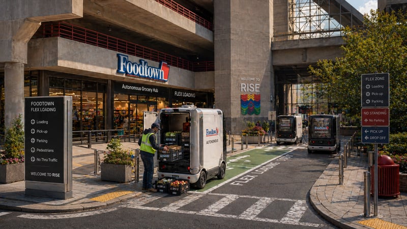 Street-level loading and turnover scene showing small autonomous grocery vehicles being restocked at the managed curb-access zone.