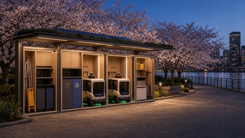 After-hours charging and storage kiosk with rovers docked, maintenance supplies stored, and the waterfront path kept clear.