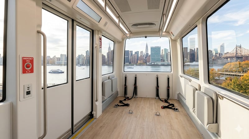 Inside an accessible pod: two wheelchair securement positions, fold-down companion seats, an emergency call button, and a power outlet for medical equipment