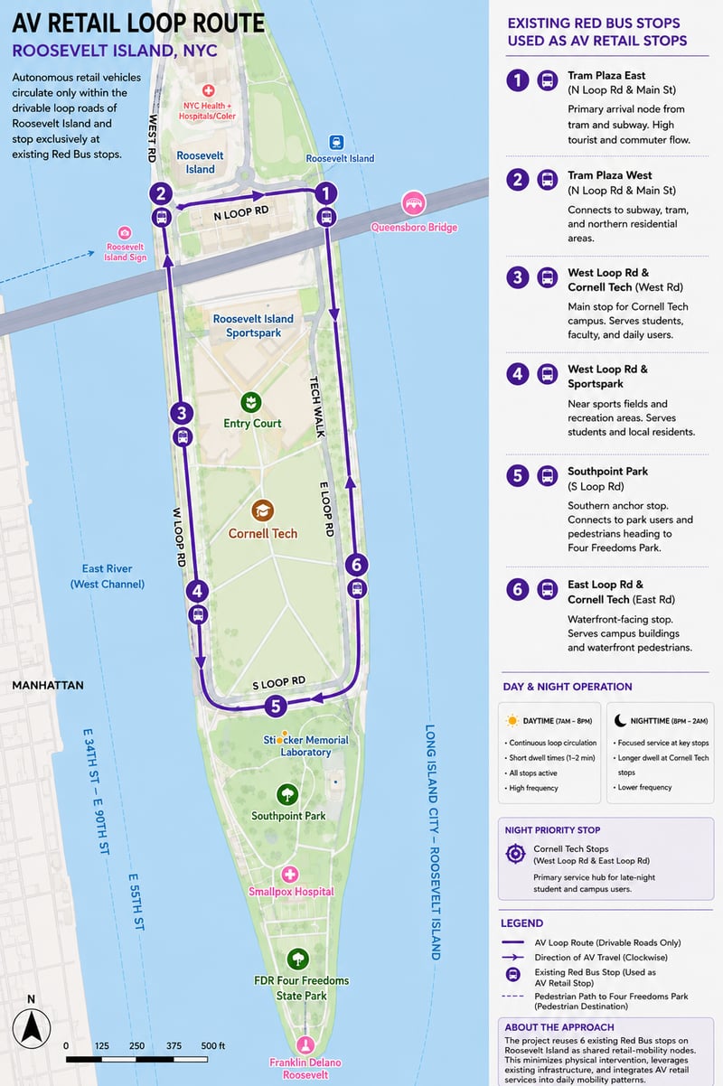 AV retail circulation route and Red Bus stop network on Roosevelt Island.