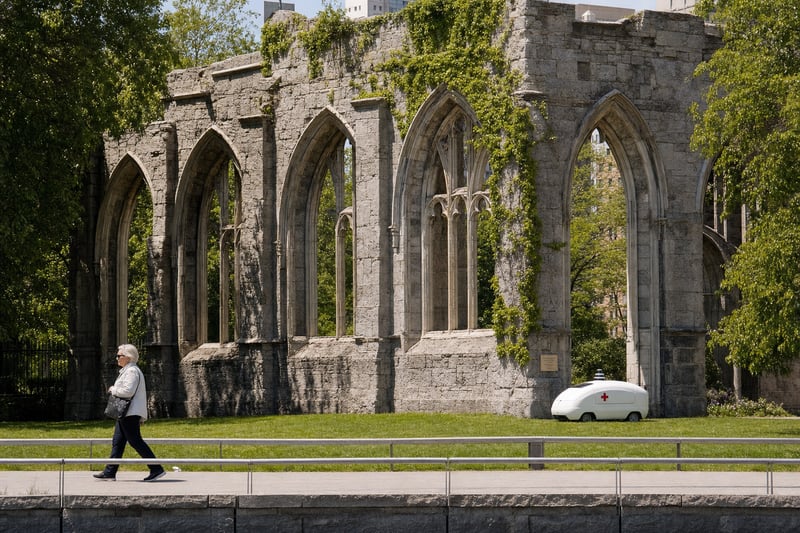Daytime rendering of the co-existence of historic ruin and modern response infrastructure
