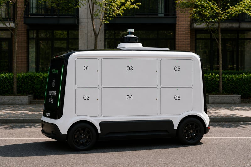 Side view of the six-locker autonomous grocery delivery vehicle design