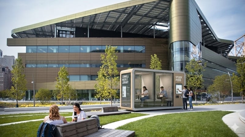 A street-level rendering showing the library unit at the Bloomberg Center entrance with its dedicated blue pickup zone.