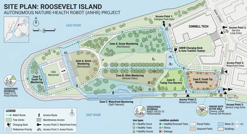 Site plan showing a sample robot route, tree-monitoring zones, charging dock, pedestrian-priority areas, and maintenance access points in the Four Freedoms Park.