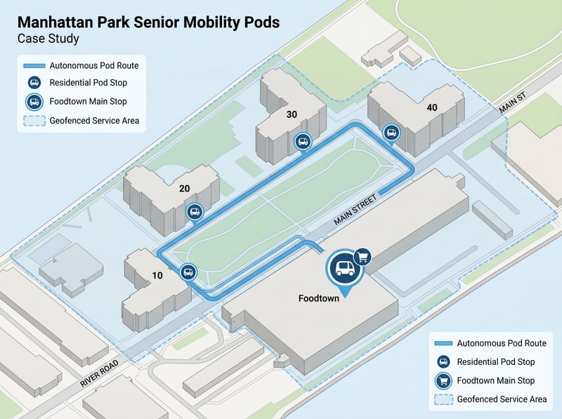 Site plan showing the geofenced route connecting 10, 20, 30, and 40 River Road with Foodtown.