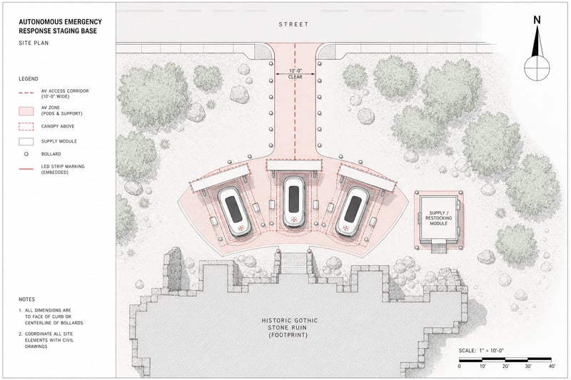 Site plan of the Southpoint staging base showing charging bays, supply restocking dock, and esplanade access corridor