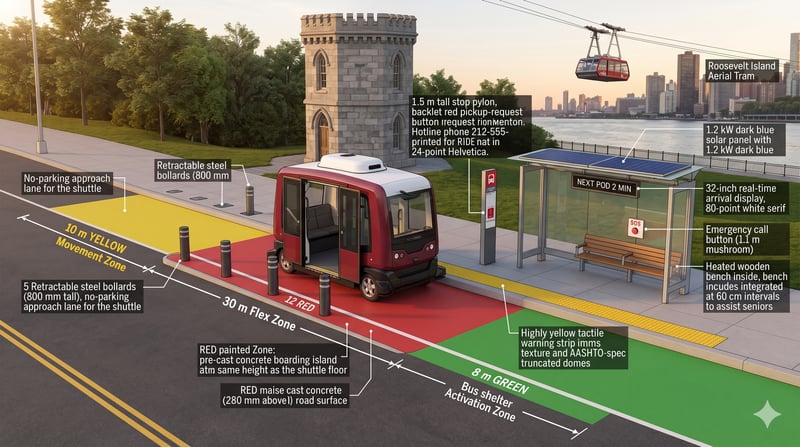 Redesigned Main Street stop — three-color Flex Zone, near-level boarding island, glass shelter, retractable bollards, with the Octagon's stone tower in the background