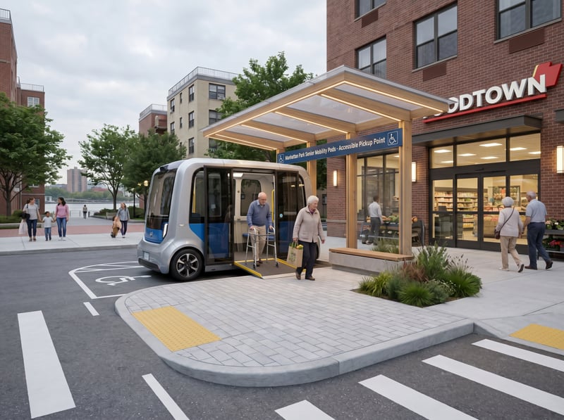 An accessible Foodtown pickup and drop-off zone with curb extension, tactile paving, seating, and clear pod stop signage.