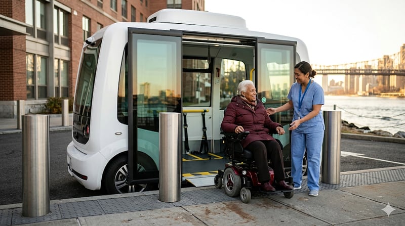 A wheelchair-accessible pod docked at Coler's main entrance, with a staff attendant assisting boarding from a flush level platform
