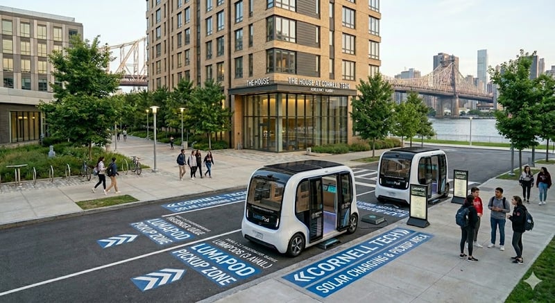 Street-level view of LumaPod operating near campus and residential buildings on Roosevelt Island
