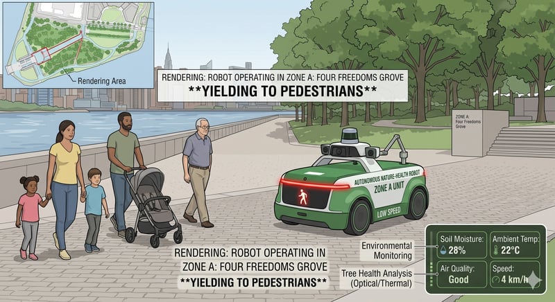 Street-level rendering of the robot operating at walking speed while yielding to pedestrians and park users.