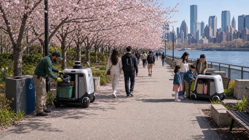 A single waterfront path where one rover supports park maintenance while another assists a family carrying picnic supplies.